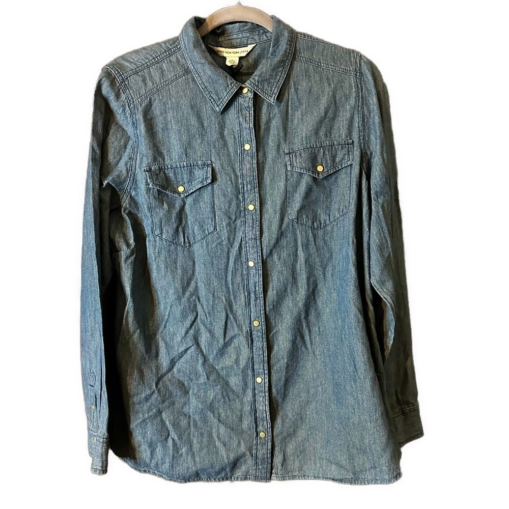 Jones New York Women’s Snap Button Indigo Wash Long Sleeve Shirt Sz L NWT